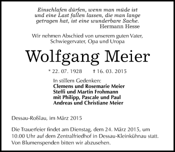 Traueranzeige von Wolfgang Meier von Mitteldeutsche Zeitung Dessau-Roßlau