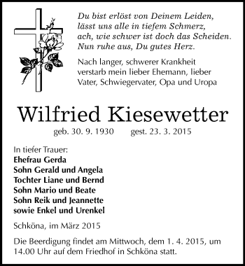 Traueranzeige von Wilfried Kiesewetter von Mitteldeutsche Zeitung Wittenberg