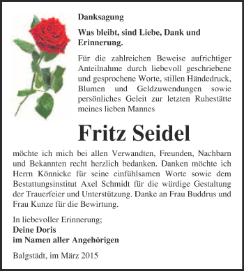 Traueranzeige von Fritz Seidel von WVG - Wochenspiegel NMB / WSF / ZTZ