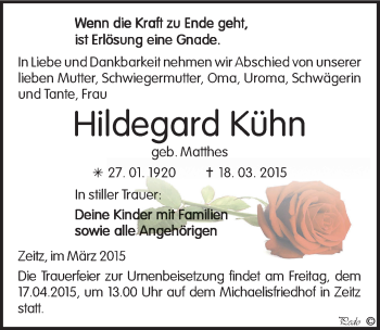 Traueranzeige von Hildegard Kühn von Mitteldeutsche Zeitung Zeitz