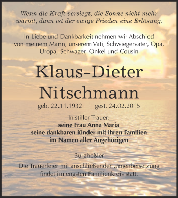Traueranzeige von Klaus-Dieter Nitschmann von WVG - Wochenspiegel NMB / WSF / ZTZ