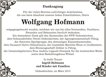 Traueranzeige von Wolfgang Hofmann von Super Sonntag Zeitz