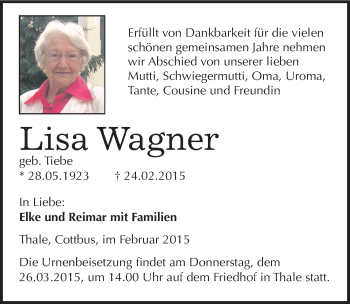 Traueranzeige von Lisa Wagner von Mitteldeutsche Zeitung Quedlinburg