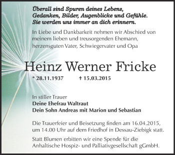 Traueranzeige von Heinz Werner Fricke von WVG - Wochenspiegel Dessau / Köthen