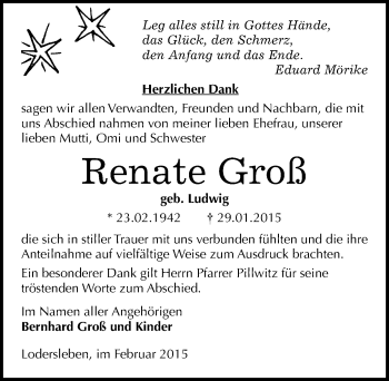 Traueranzeige von Renate Groß von Mitteldeutsche Zeitung Merseburg/Querfurt
