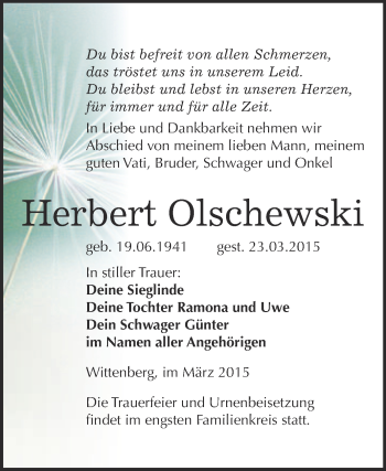 Traueranzeige von Herbert Olschewski von Super Sonntag Wittenberg