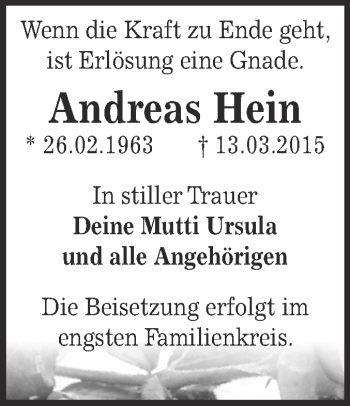Traueranzeige von Andreas Hein von WVG - Wochenspiegel Dessau / Köthen