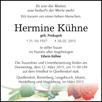 Traueranzeige von Hermine Kühne von WVG - Wochenspiegel Dessau / Köthen