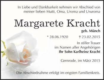 Traueranzeige von Margarete Kracht von WVG - Wochenspiegel Quedlinburg