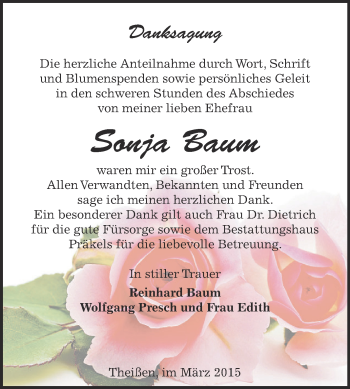 Traueranzeige von Sonja Baum von Super Sonntag Zeitz