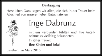 Traueranzeige von Inge Dabrunz von Wochenspiegel Mansfelder Land