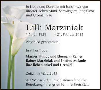 Traueranzeige von Lilli Marziniak von Super Sonntag Zeitz