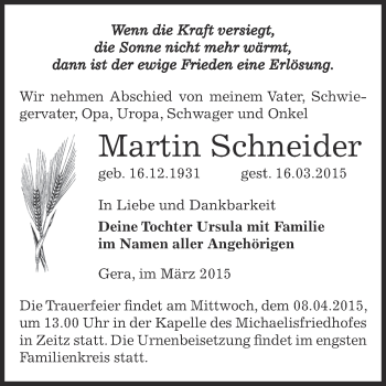 Traueranzeige von Martin Schneider von Super Sonntag Zeitz