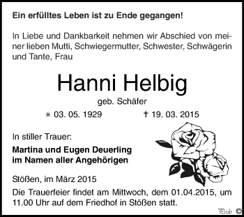 Traueranzeige von Hanni Helbig von WVG - Wochenspiegel NMB / WSF / ZTZ