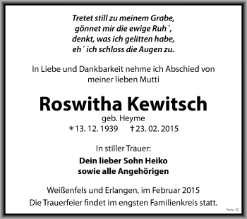 Traueranzeige von Roswitha Kewitsch von WVG - Wochenspiegel NMB / WSF / ZTZ