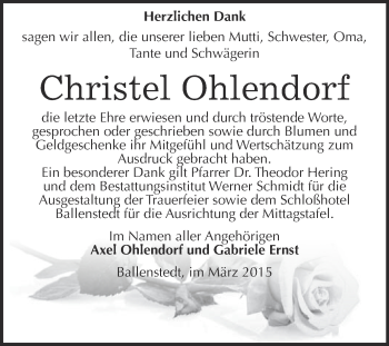 Traueranzeige von Christel Ohlendorf von WVG - Wochenspiegel Quedlinburg