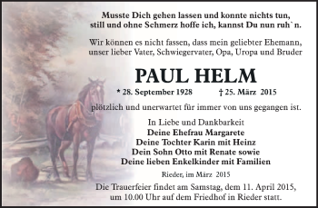 Traueranzeige von Paul Helm von WVG - Wochenspiegel Quedlinburg