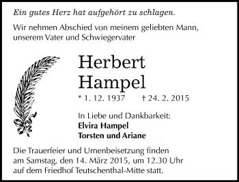 Traueranzeige von Herbert Hampel von Mitteldeutsche Zeitung Halle/Saalkreis