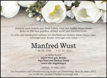 Traueranzeige von Manfred Wust von WVG - Wochenspiegel Dessau / Köthen