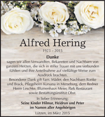 Traueranzeige von Alfred Hering von WVG - Wochenspiegel NMB / WSF / ZTZ