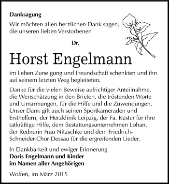 Traueranzeige von Horst Engelmann von Mitteldeutsche Zeitung Bitterfeld