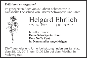 Traueranzeige von Helgard Ehrlich von WVG - Wochenspiegel Wittenberg