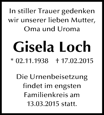 Traueranzeige von Gisela Loch von Mitteldeutsche Zeitung Wittenberg