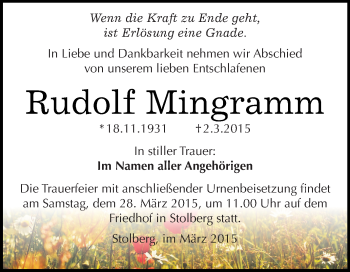 Traueranzeige von Rudolf Mingramm von WVG - Wochenspiegel Quedlinburg