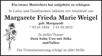 Traueranzeige von Margarete Frieda Marie Weigel von WVG - Wochenspiegel Dessau / Köthen