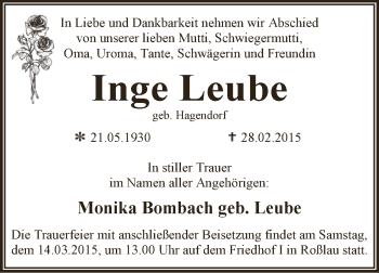 Traueranzeige von Inge Leube von WVG - Wochenspiegel Dessau / Köthen