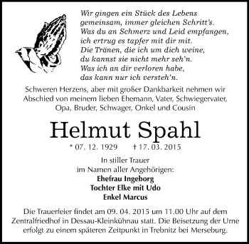 Traueranzeige von Helmut Spahl von Mitteldeutsche Zeitung Dessau-Roßlau