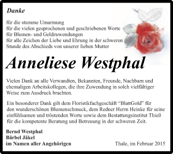 Traueranzeige von Anneliese Westphal von Super Sonntag Quedlinburg