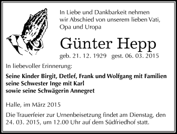 Traueranzeige von Günter Hepp von Mitteldeutsche Zeitung Halle/Saalkreis