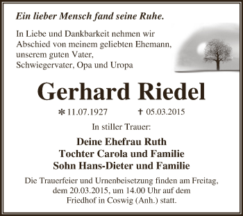 Traueranzeige von Gerhard Riedel von WVG - Wochenspiegel Dessau / Köthen