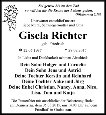 Traueranzeige von Gisela Richter von Mitteldeutsche Zeitung Wittenberg