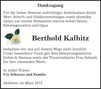 Traueranzeige von Berthold Kalbitz von Super Sonntag Bernburg
