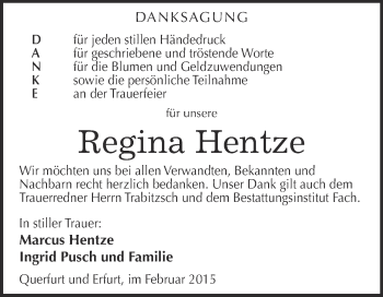 Traueranzeige von Regina Hentze von WVG - Wochenspiegel Merseburg