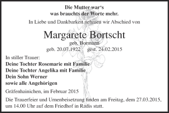 Traueranzeige von Margarete Bortscht von WVG - Wochenspiegel Wittenberg