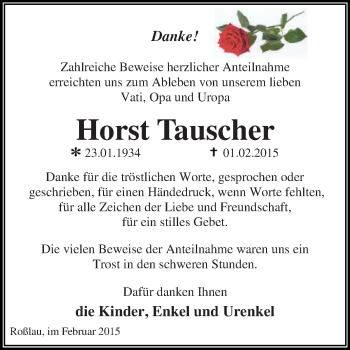 Traueranzeige von Horst Tauscher von WVG - Wochenspiegel Dessau / Köthen