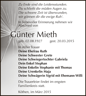 Traueranzeige von Günter Mieth von WVG - Wochenspiegel Dessau / Köthen