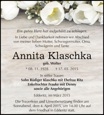 Traueranzeige von Annita Klaschka von WVG - Wochenspiegel Dessau / Köthen
