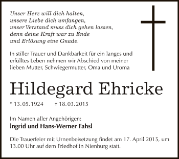 Traueranzeige von Hildegard Ehricke von Super Sonntag Bernburg
