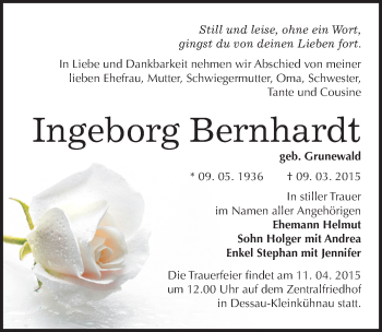 Traueranzeige von Ingeborg Bernhardt von Mitteldeutsche Zeitung Dessau-Roßlau