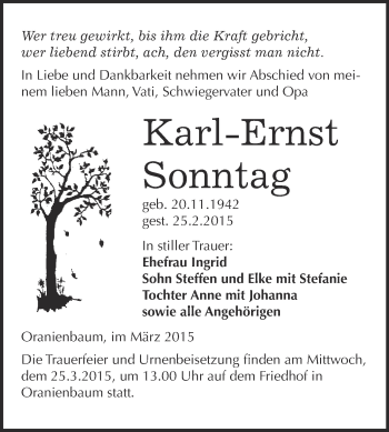 Traueranzeige von Karl-Ernst Sonntag von WVG - Wochenspiegel Wittenberg
