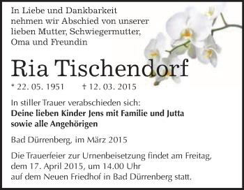 Traueranzeige von Ria Tischendorf von Super Sonntag Merseburg