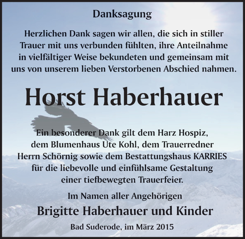  Traueranzeige für Horst Haberhauer vom 21.03.2015 aus Mitteldeutsche Zeitung Quedlinburg