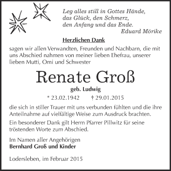 Traueranzeige von Renate Groß von Super Sonntag Merseburg