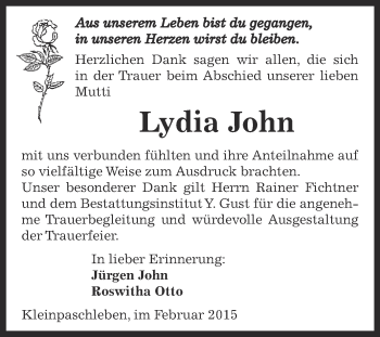 Traueranzeige von Lydia John von WVG - Wochenspiegel Dessau / Köthen