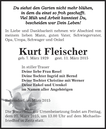 Traueranzeige von Kurt Fleischer von Super Sonntag Zeitz