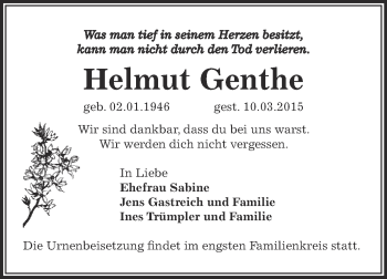 Traueranzeige von Helmut Genthe von Super Sonntag Bernburg